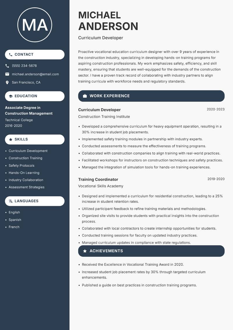 Vocational Education Curriculum Designer Resume Preview Example