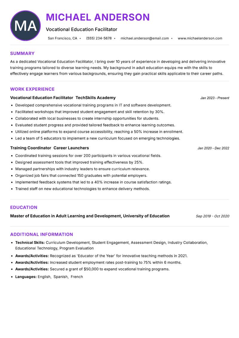 Vocational Education Facilitator Resume Preview Example