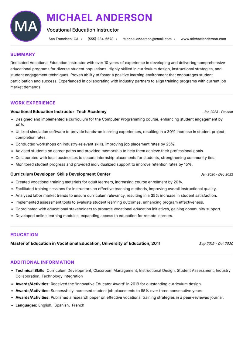Vocational Education Instructor Resume Preview Example