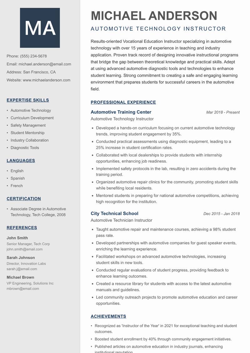 Vocational Education Instructor Resume Preview Example