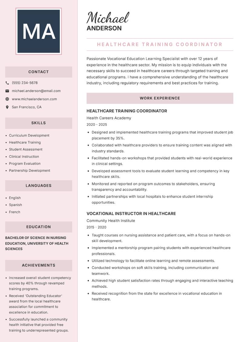 Vocational Education Learning Specialist Resume Preview Example