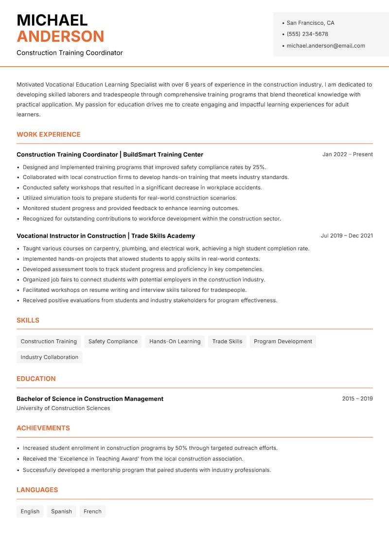 Vocational Education Learning Specialist Resume Template