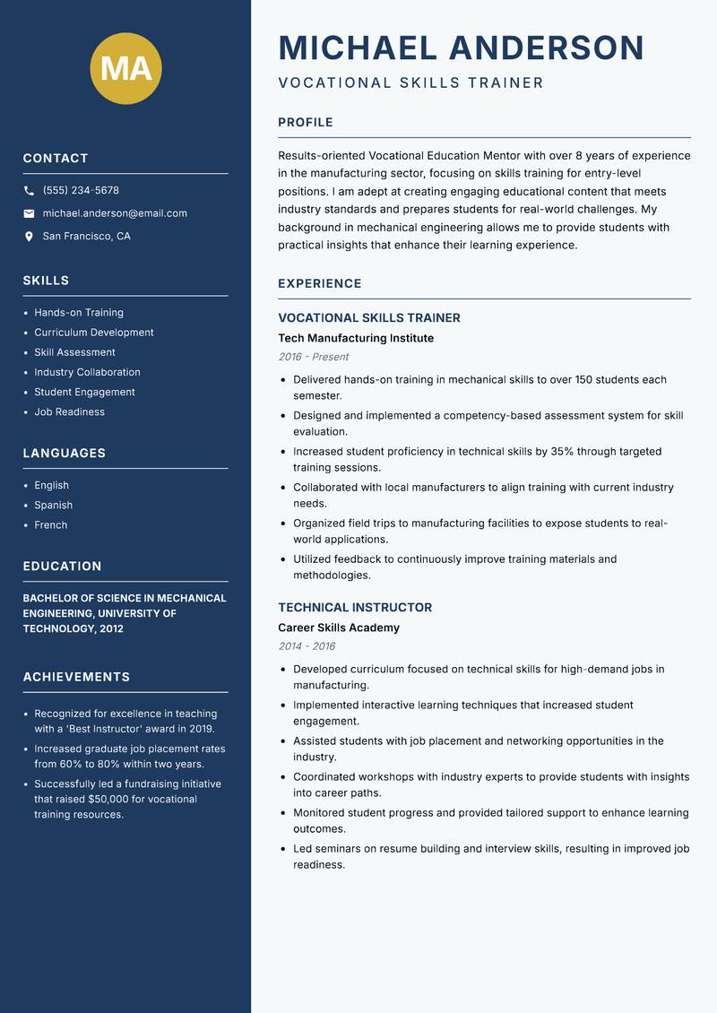 Vocational Education Mentor Resume Preview Example