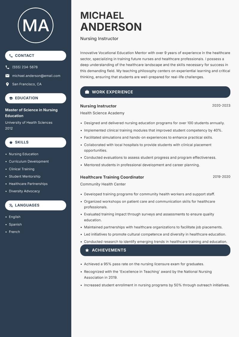 Vocational Education Mentor Resume Preview Example