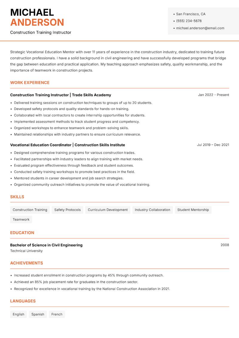 Vocational Education Mentor Resume Template