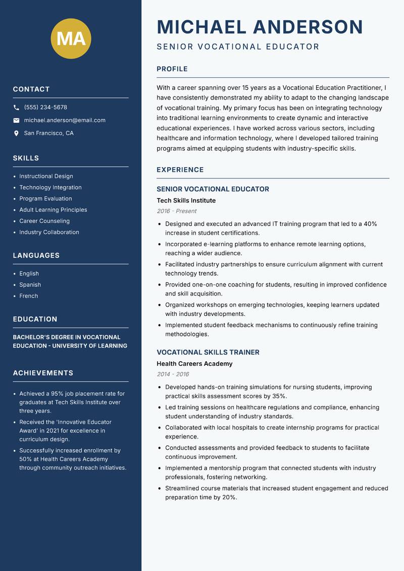 Vocational Education Practitioner Resume Preview Example