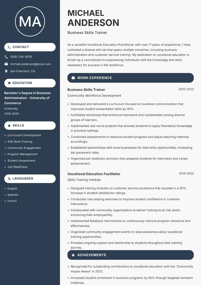 Vocational Education Practitioner Resume Preview Example