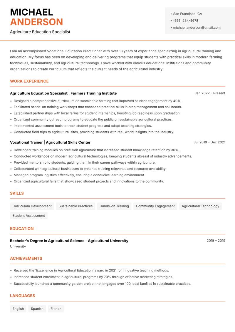Vocational Education Practitioner Resume Template