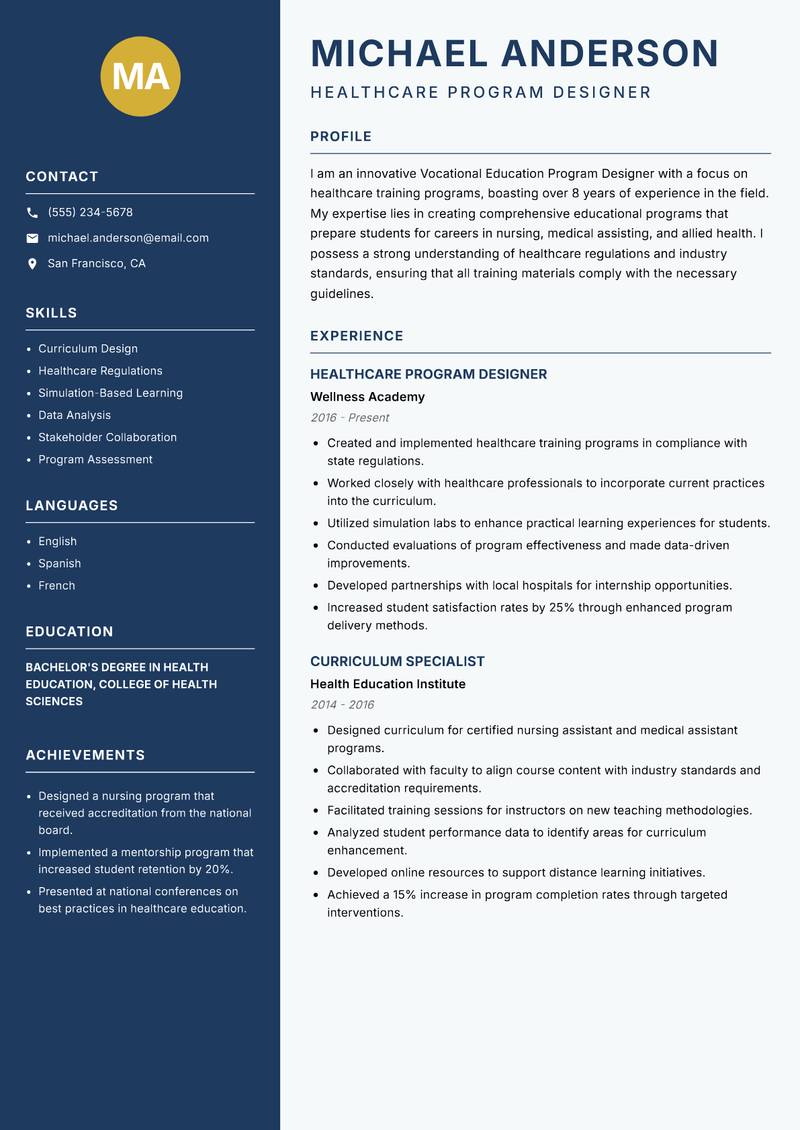 Vocational Education Program Designer Resume Preview Example