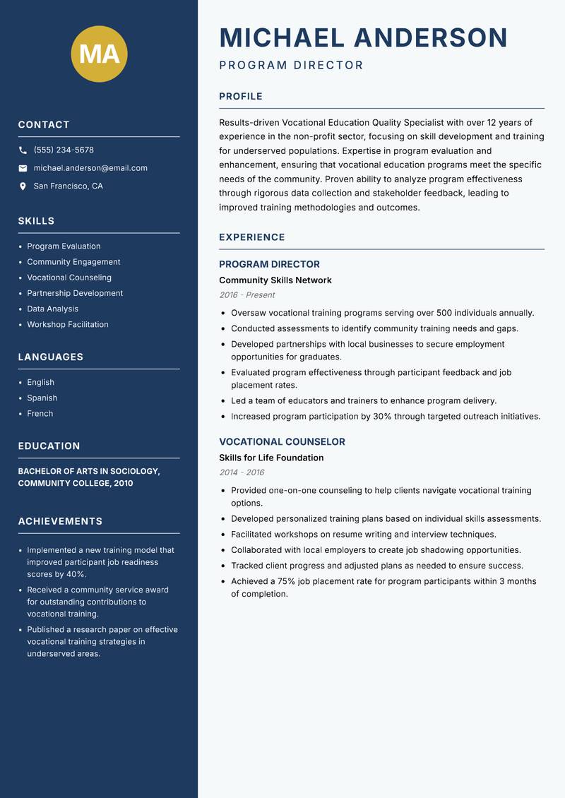 Vocational Education Quality Specialist Resume Preview Example