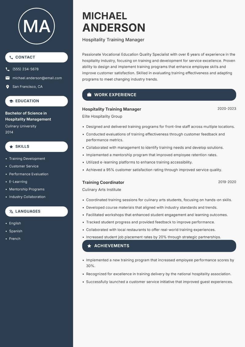 Vocational Education Quality Specialist Resume Preview Example