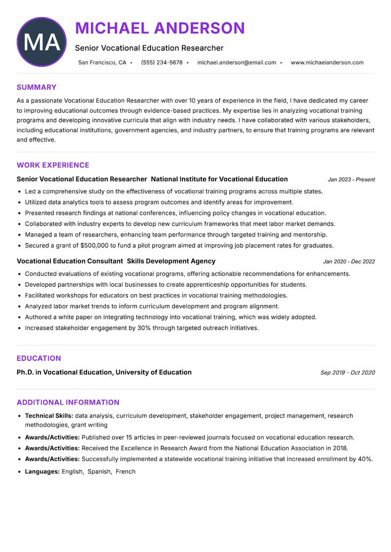 Vocational Education Researcher Resume Preview Example