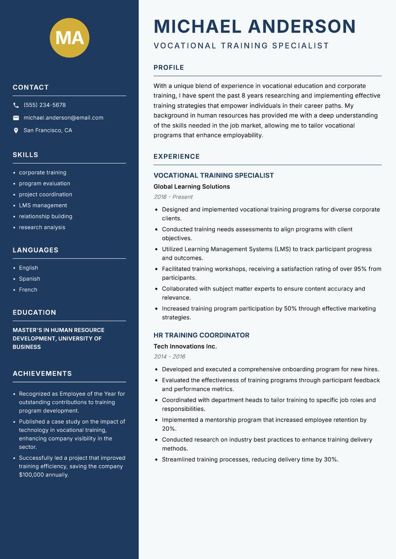 Vocational Education Researcher Resume Preview Example