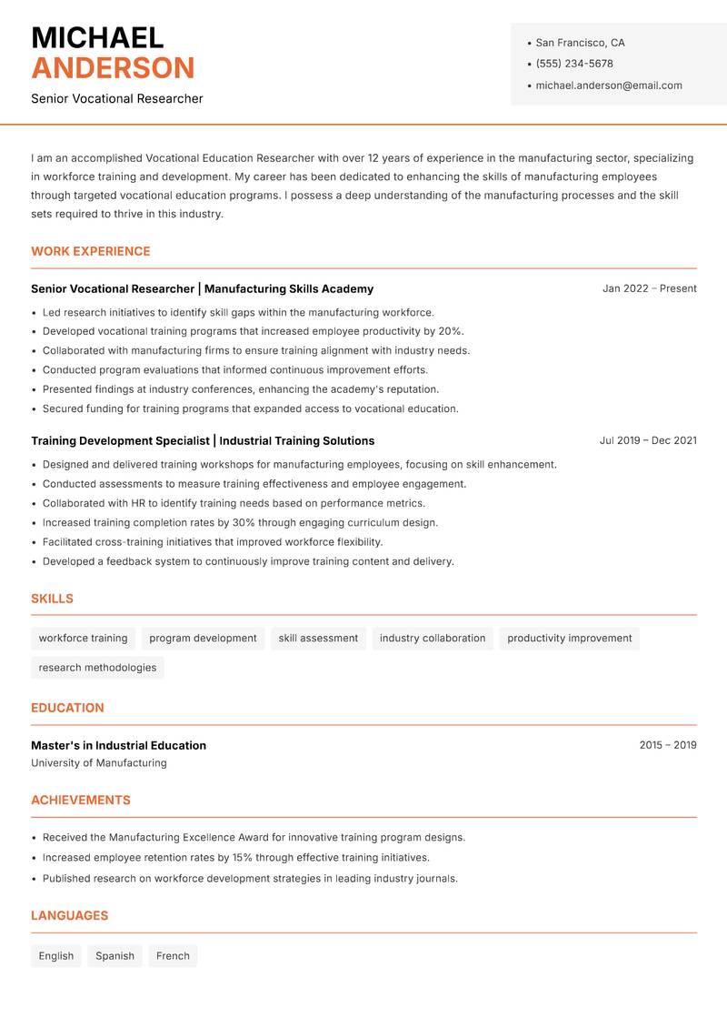 Vocational Education Researcher Resume Template