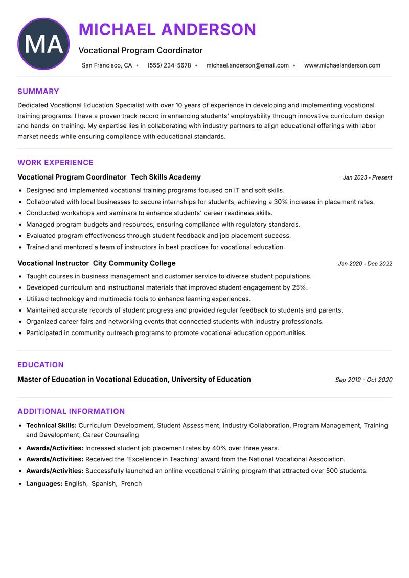 Vocational Education Specialist Resume Preview Example