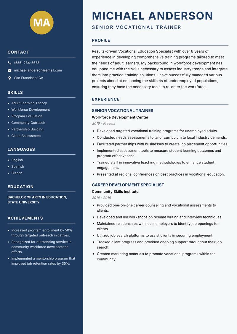 Vocational Education Specialist Resume Preview Example