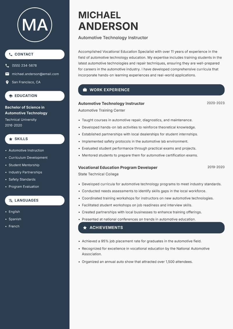Vocational Education Specialist Resume Preview Example