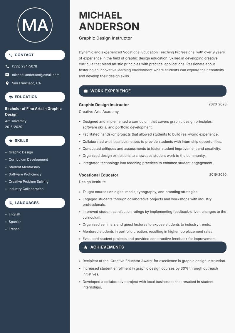 Vocational Education Teaching Professional Resume Preview Example