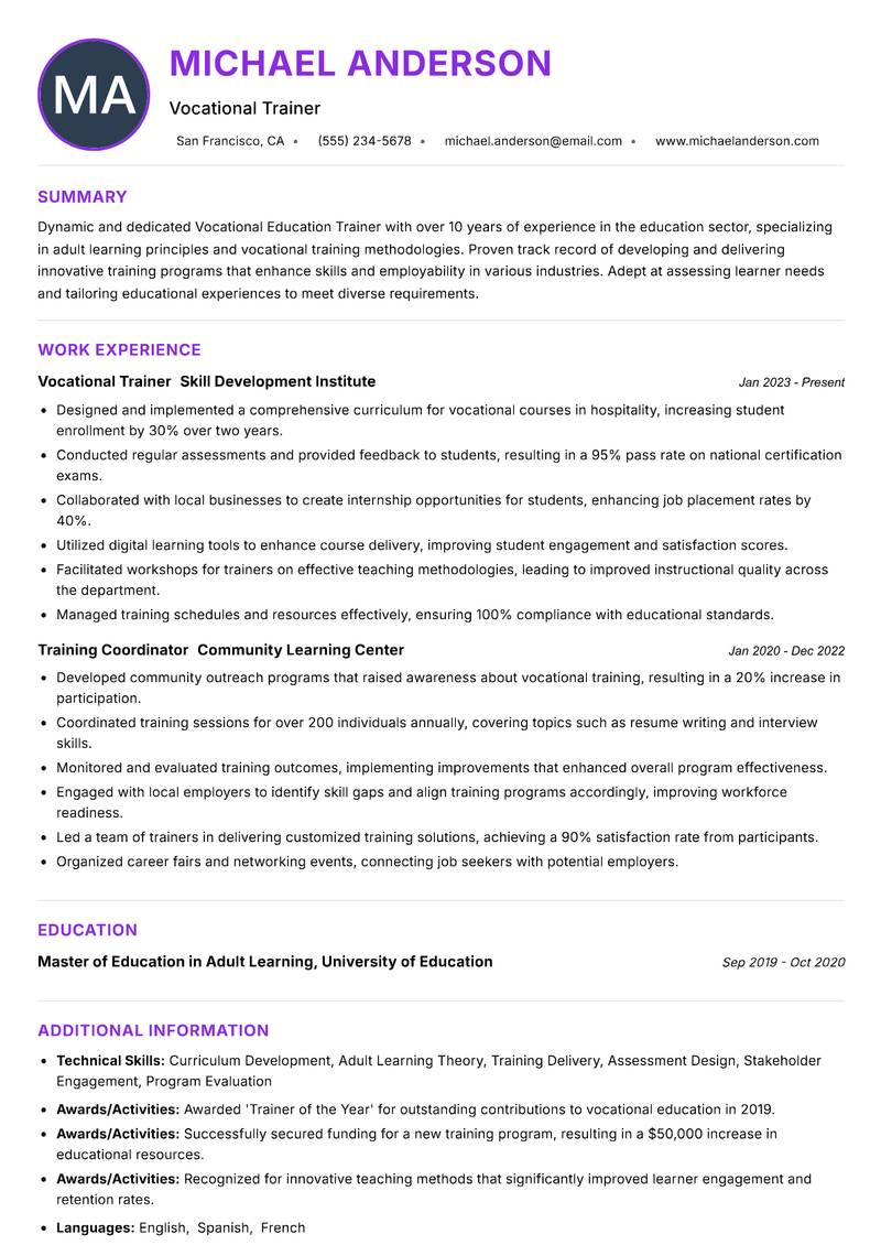 Vocational Education Trainer Resume Preview Example