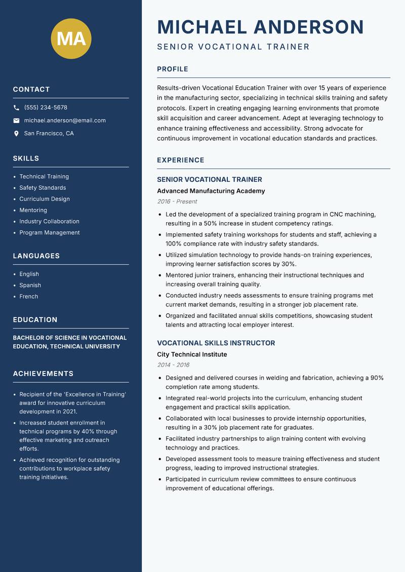 Vocational Education Trainer Resume Preview Example