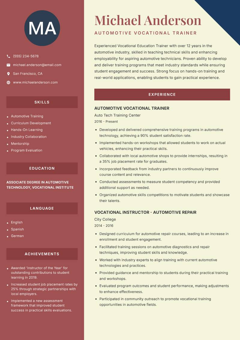 Vocational Education Trainer Resume Preview Example