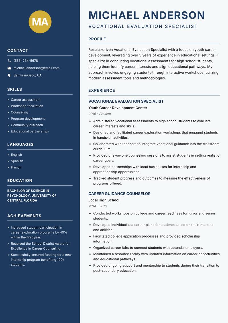 Vocational Evaluation Specialist Resume Preview Example