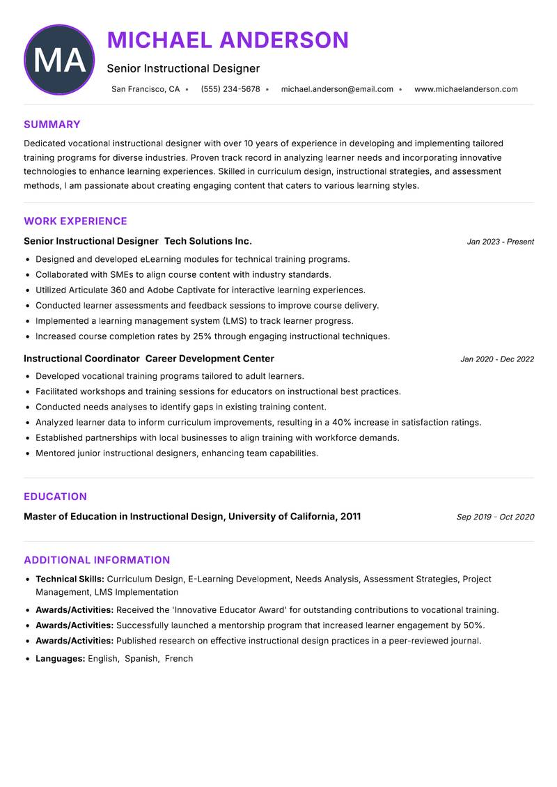 Vocational Instructional Designer Resume Preview Example
