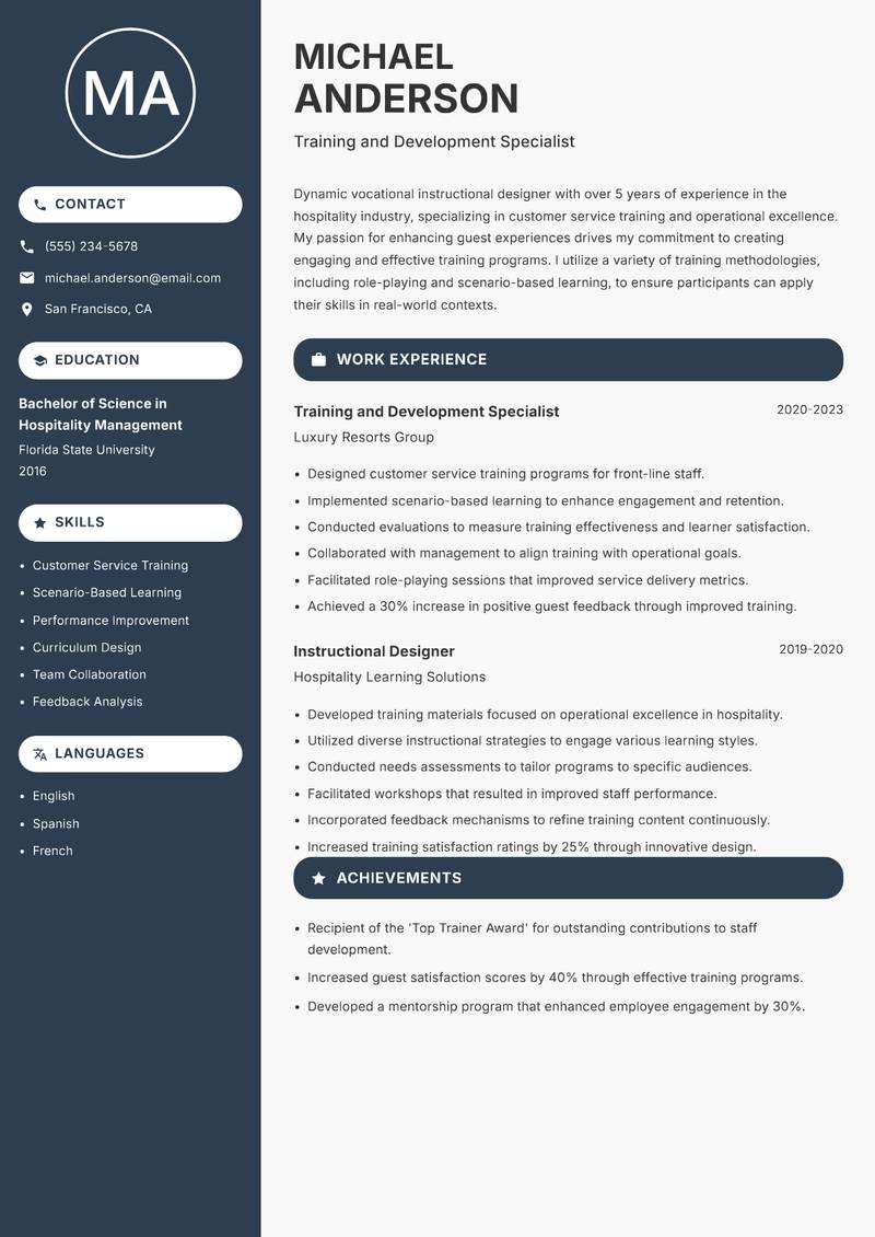Vocational Instructional Designer Resume Preview Example