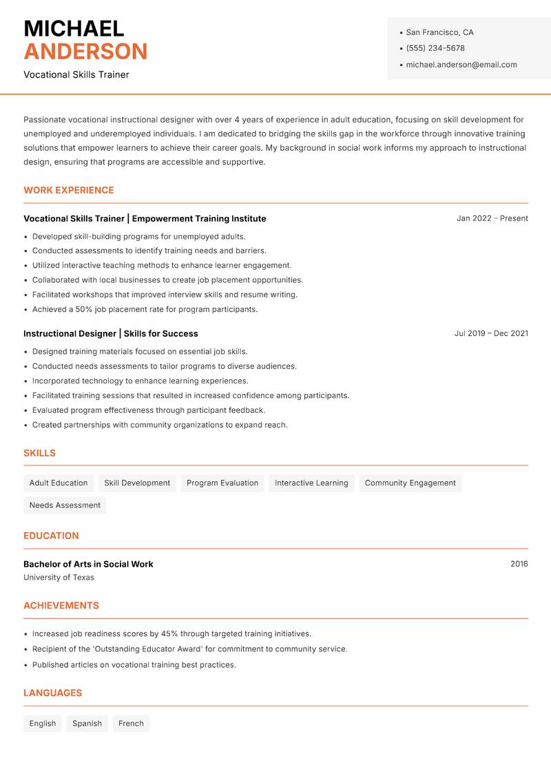 Vocational Instructional Designer Resume Template