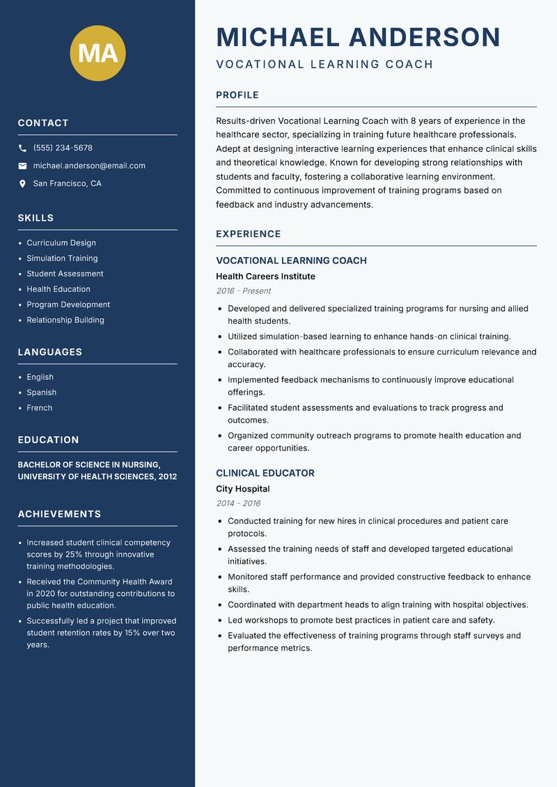 Vocational Learning Coach Resume Preview Example