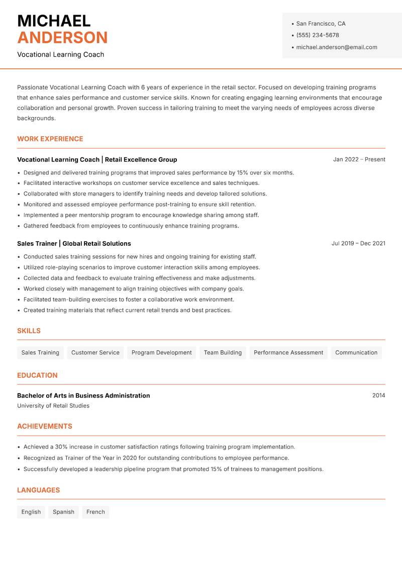 Vocational Learning Coach Resume Template