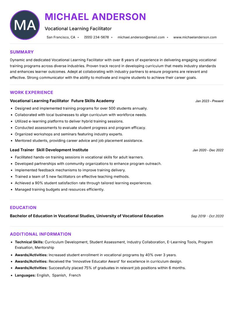 Vocational Learning Facilitator Resume Preview Example