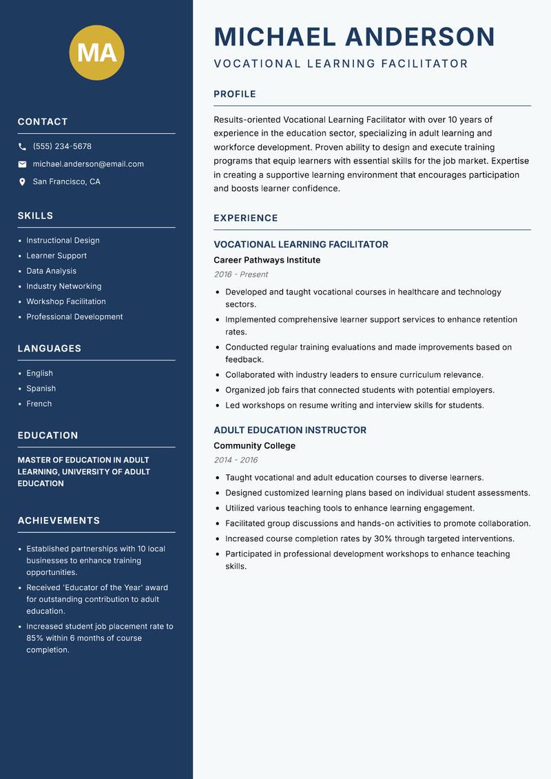 Vocational Learning Facilitator Resume Preview Example