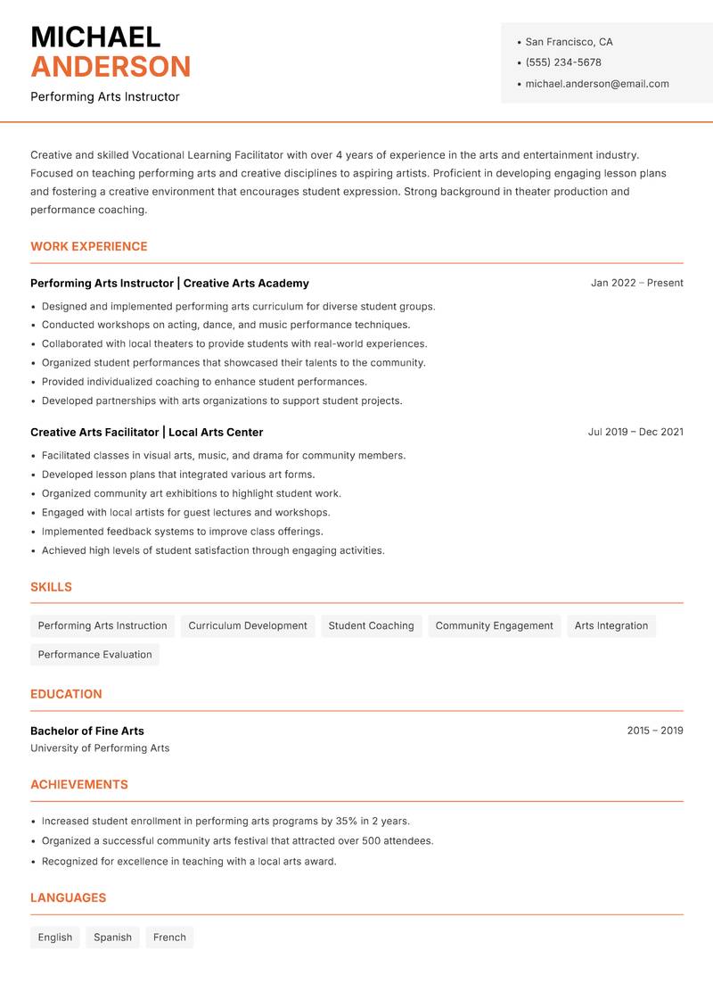 Vocational Learning Facilitator Resume Template