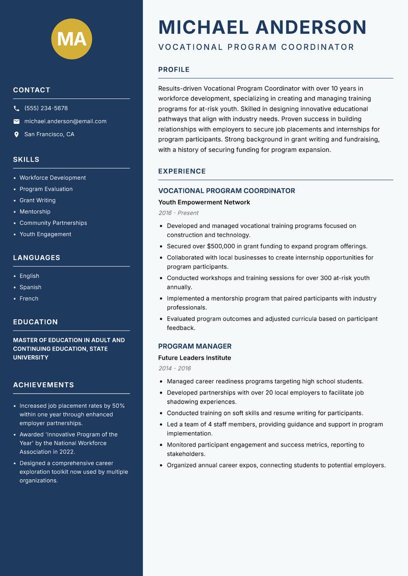 Vocational Program Coordinator Resume Preview Example
