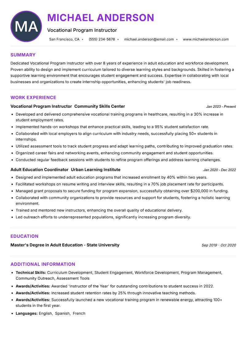 Vocational Program Instructor Resume Preview Example