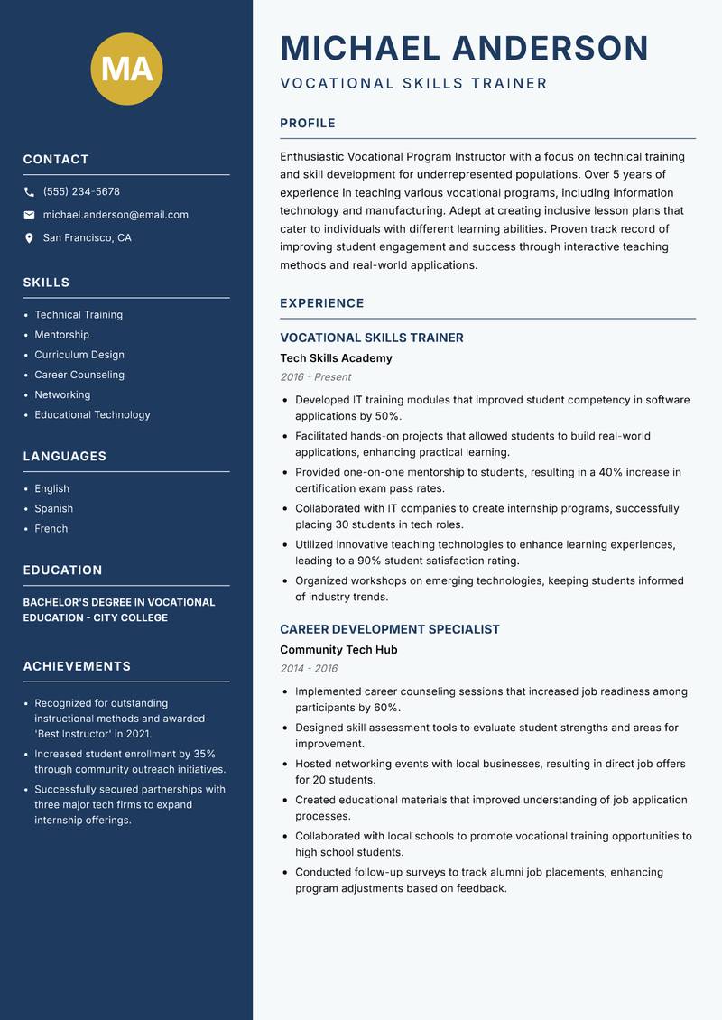Vocational Program Instructor Resume Preview Example