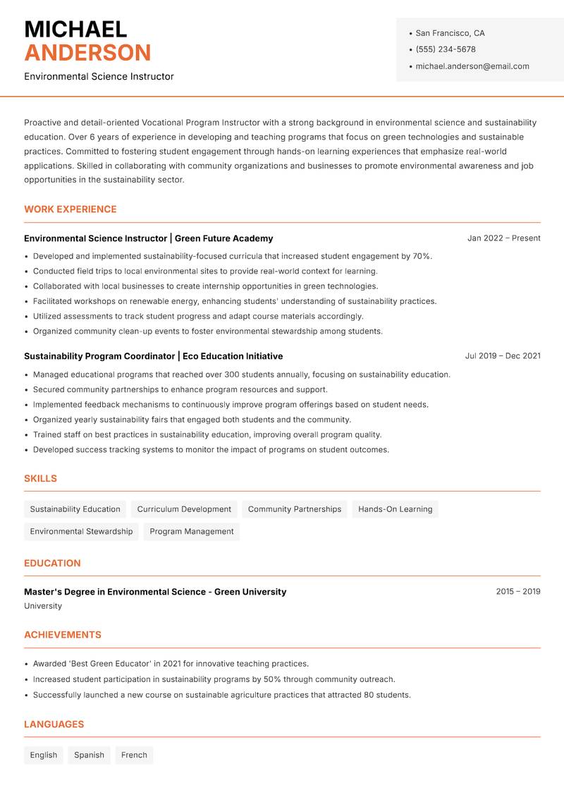 Vocational Program Instructor Resume Template