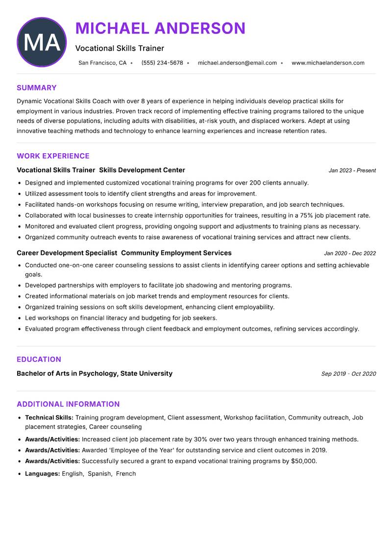 Vocational Skills Coach Resume Preview Example