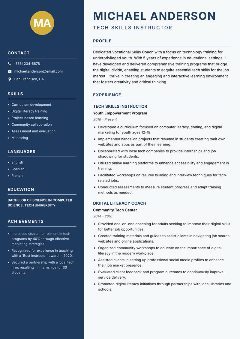 Vocational Skills Coach Resume Preview Example