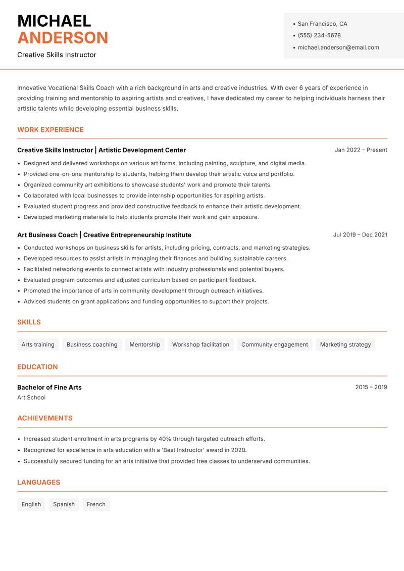 Vocational Skills Coach Resume Template
