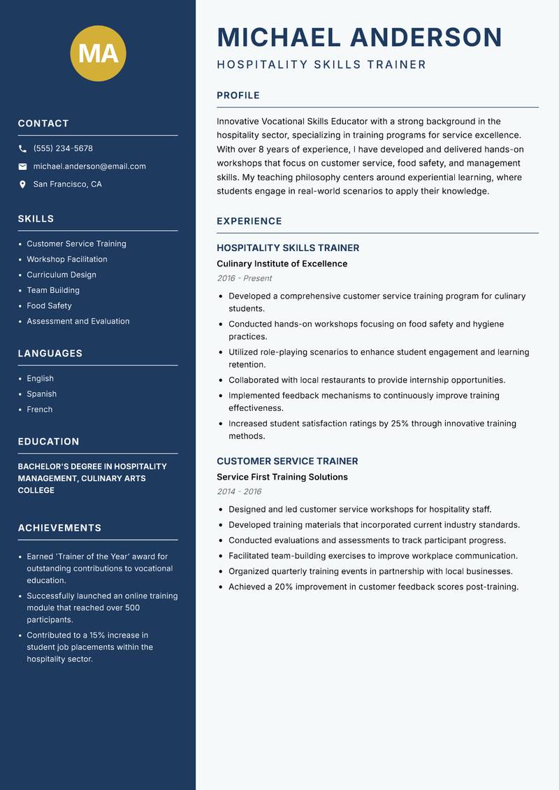 Vocational Skills Educator Resume Preview Example