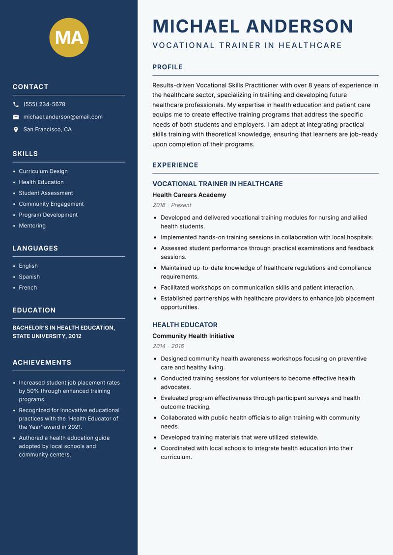 Vocational Skills Practitioner Resume Preview Example