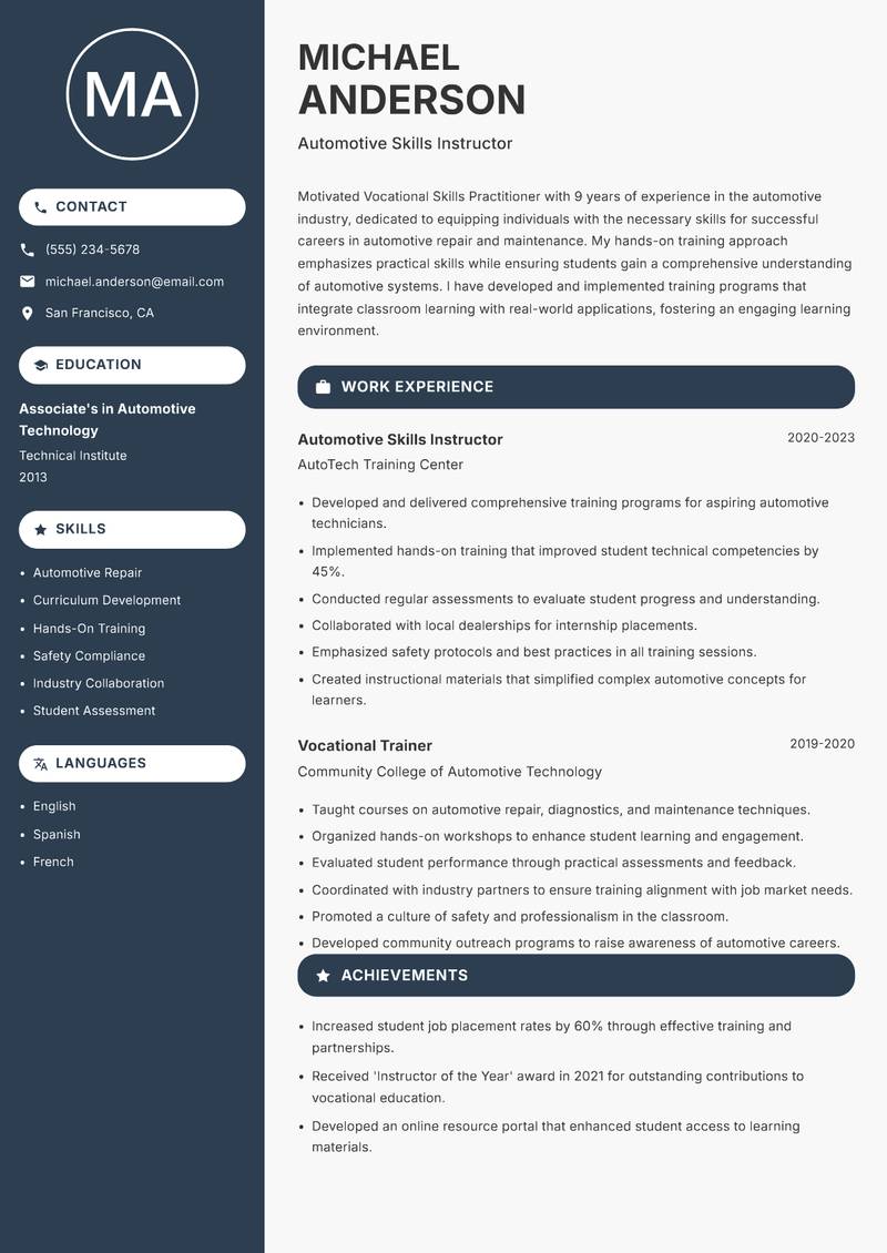 Vocational Skills Practitioner Resume Preview Example