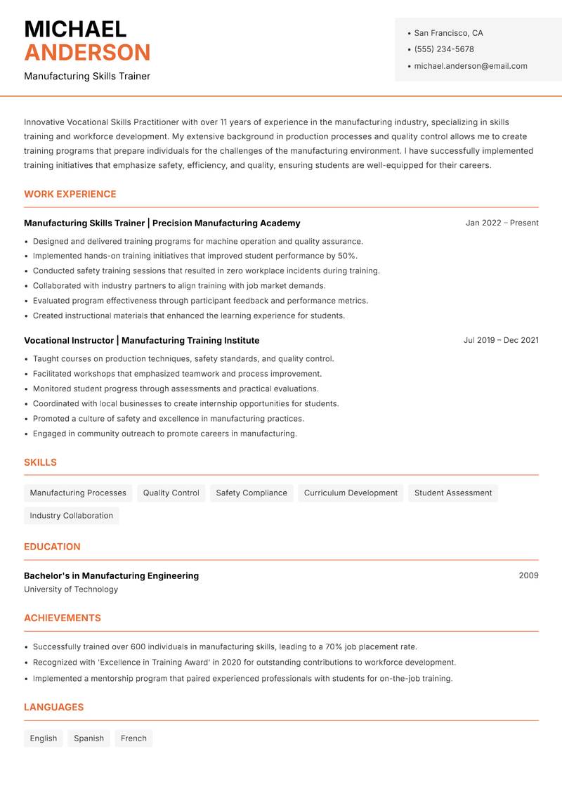 Vocational Skills Practitioner Resume Template