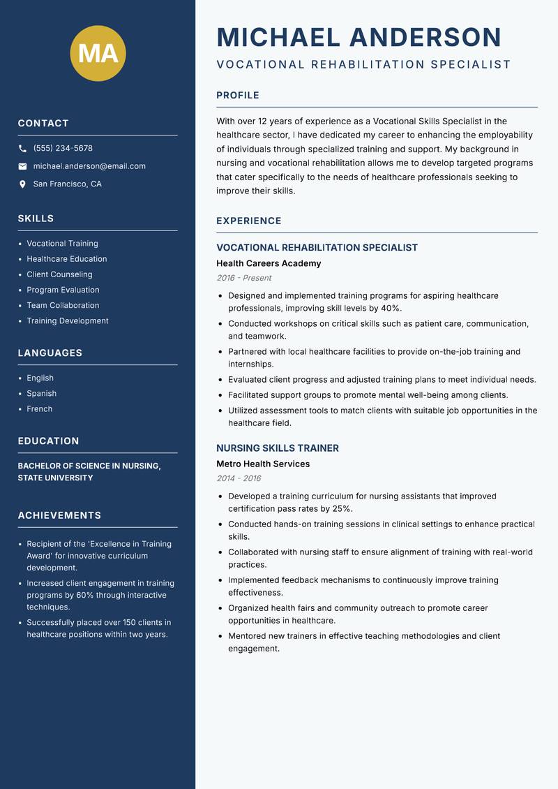 Vocational Skills Specialist Resume Preview Example