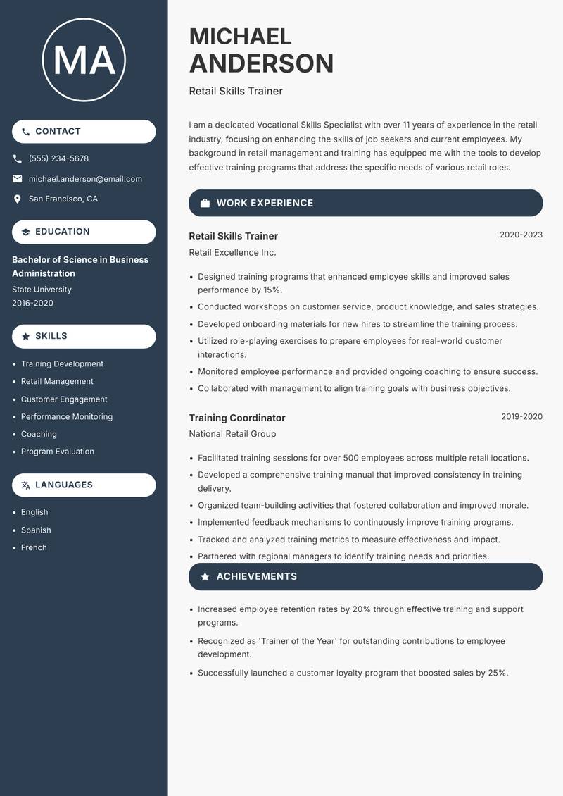Vocational Skills Specialist Resume Preview Example