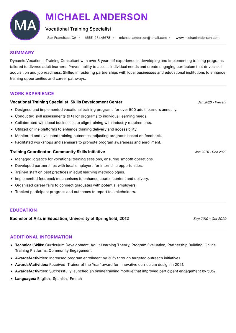 Vocational Training Consultant Resume Preview Example