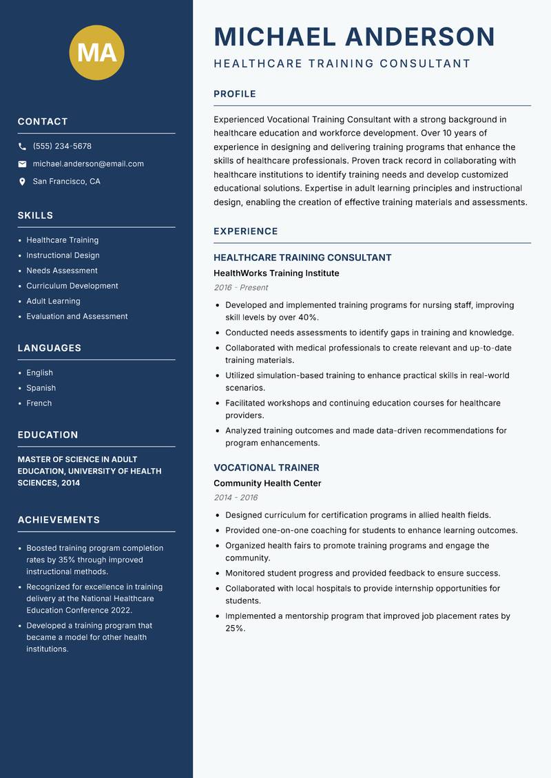 Vocational Training Consultant Resume Preview Example