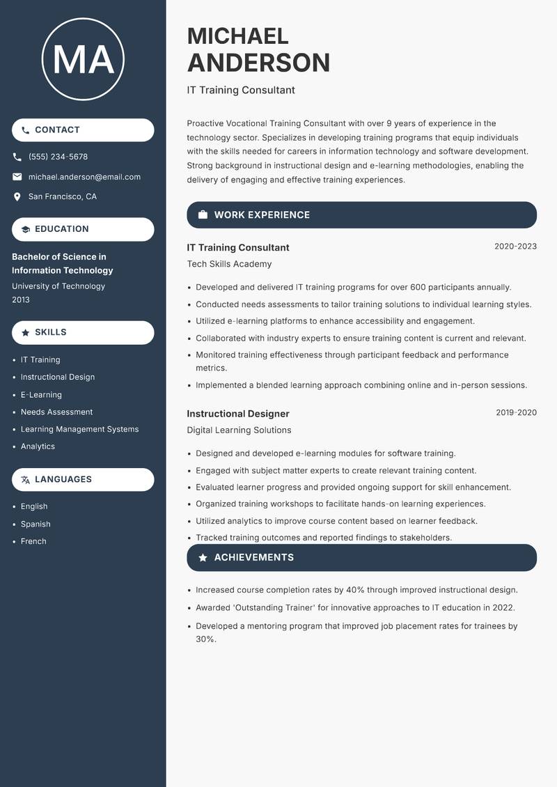 Vocational Training Consultant Resume Preview Example